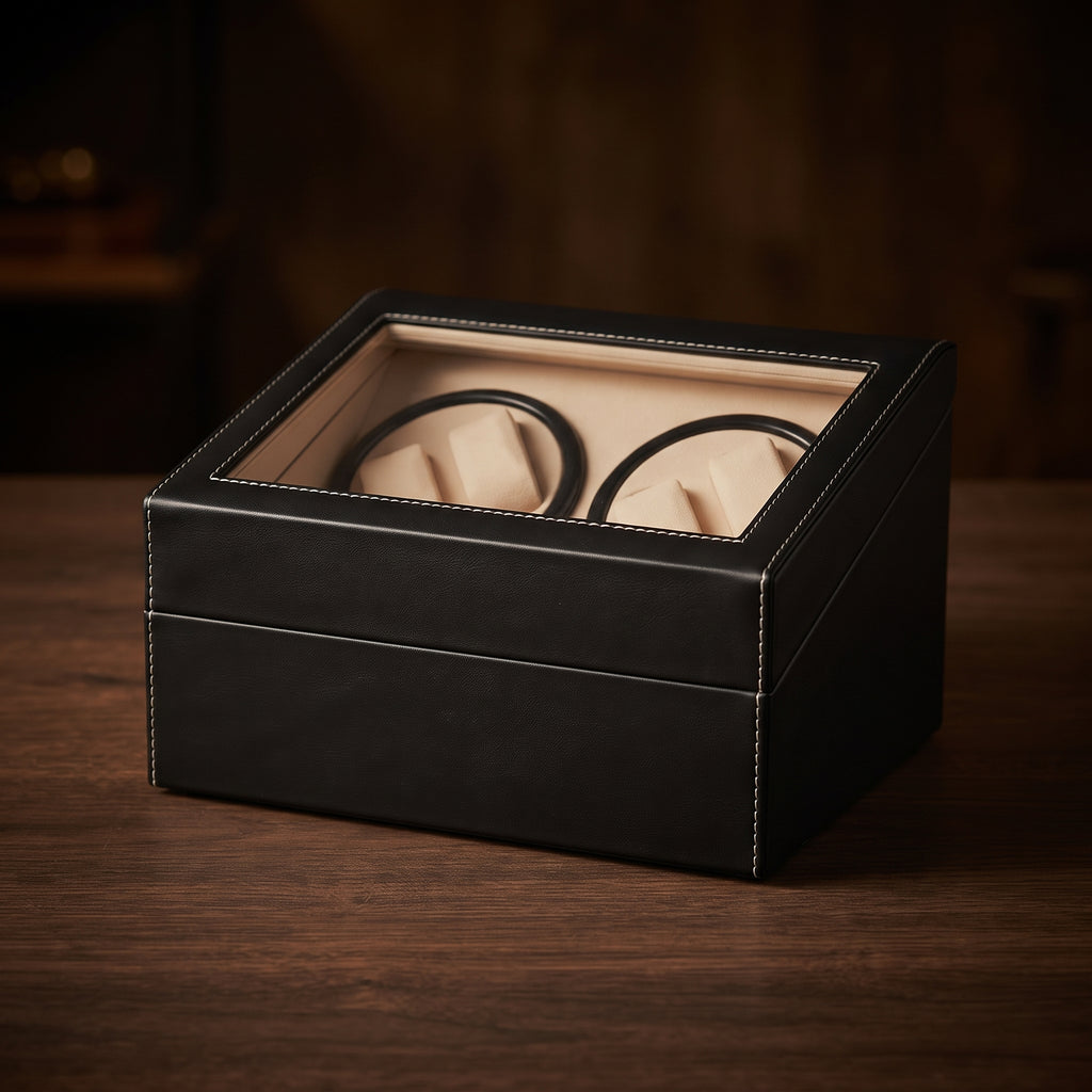 Uhrenbox schwarz auf Holztisch